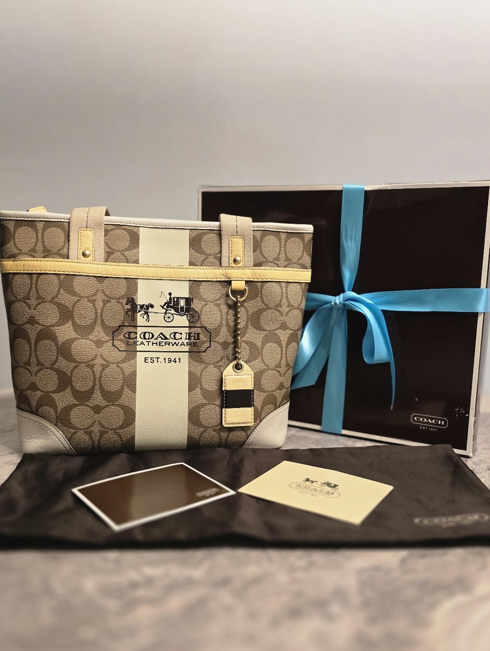 Coach Heritage Stripe Signature Tote - Includes Box, Duster, & Original Receipt